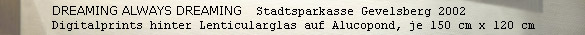 DREAMING ALWAYS DREAMING  Stadtsparkasse Gevelsberg, 2002, Digitalprints hinter Lenticularglas auf Alucopond, je 150 cm x 120 cm